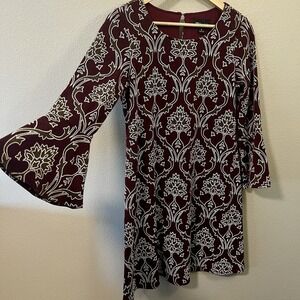 RN Studio Floral A-line Tulip Sleeve Dress Burgundy White Grunge Whimsygoth Sz S